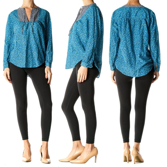 J. Crew Silk Blend Floral Blouse Peasant Flower-Patch Tie Neck Long Sleeve Blue - Picture 7 of 16